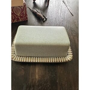 Kasuga Showa Japan Stoneware Butter Dish Hand Crafted Speckled Green Vintage EUC